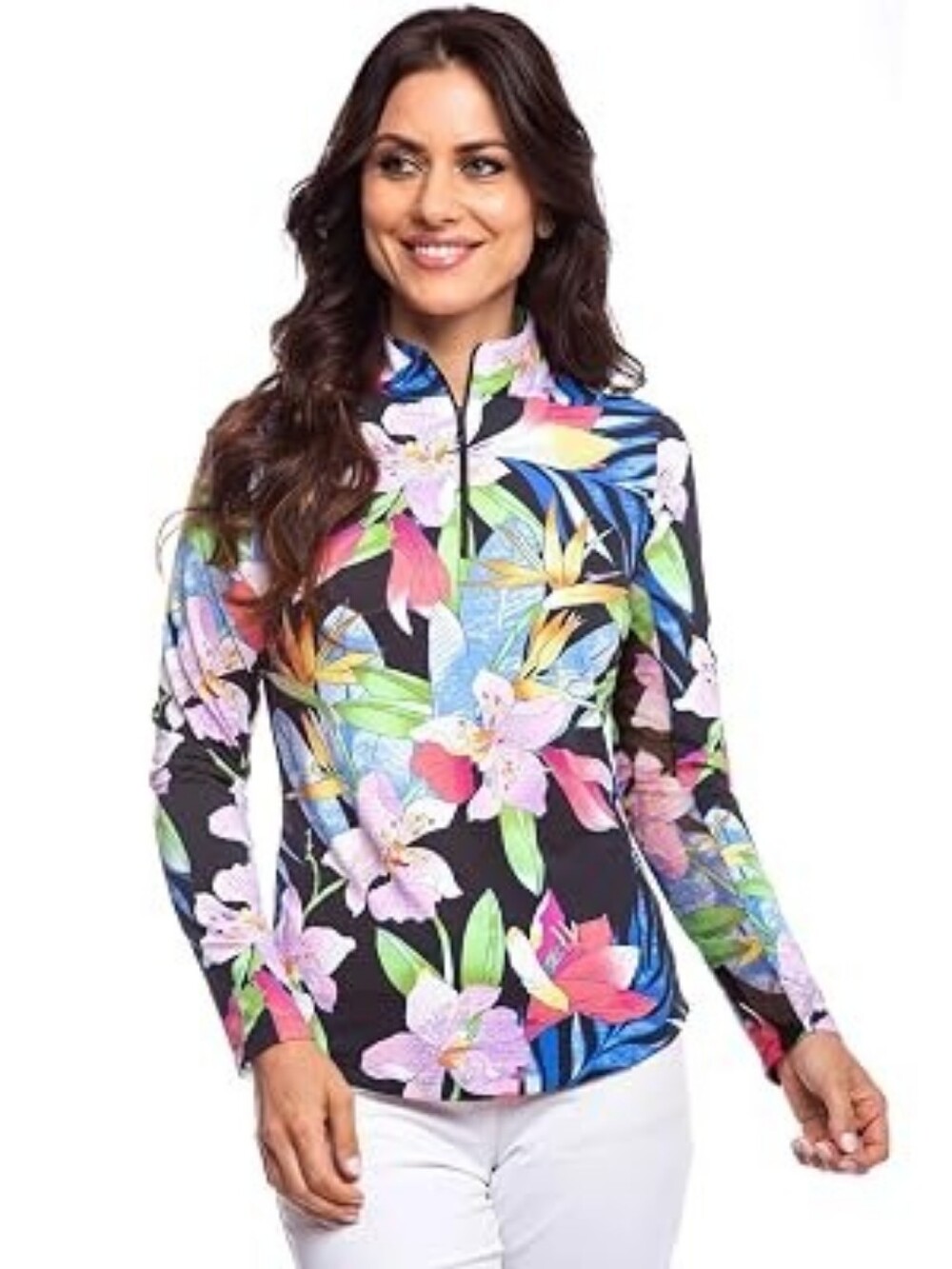 IBKUL  Rio Black Floral Print Long Sleeve Mock Neck Golf Top Quarter Zip M